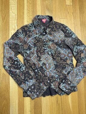 VTG Button Front Shirt 4 Y2K Dark Cottagecore Western Boho Paisley Floral Brown